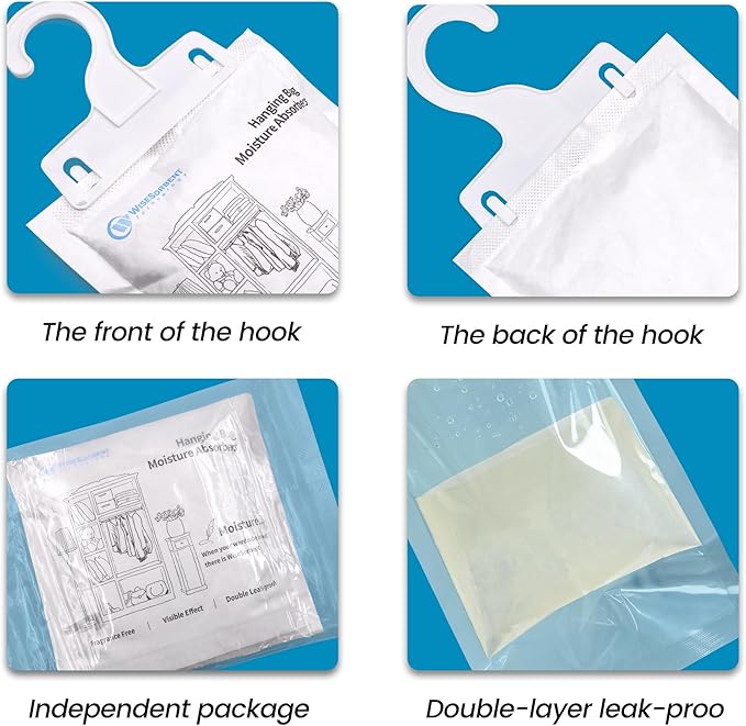 Moisture Absorber Hanging Bags 12 Pack - 7 oz Fragrance-Free Dehumidifier for Closet, Bathroom, Bedroom – Double Leak-Proof Design & Dual-Sided Absorption - Image 6