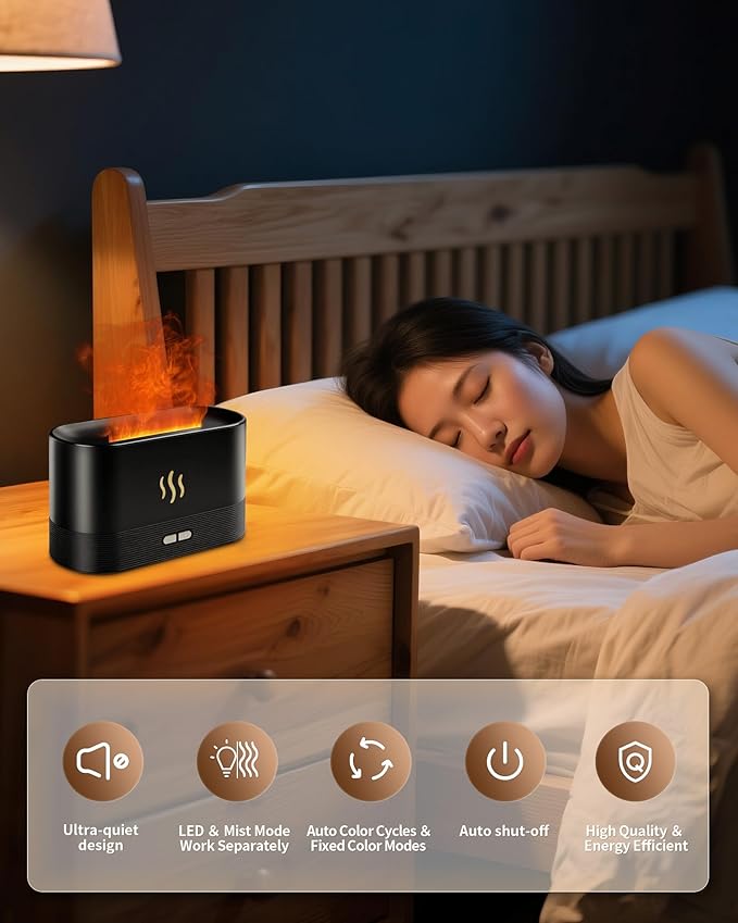 Flame Effect Essential Oil Diffuser, 180ml Ultrasonic Aromatherapy Humidifier, 7 Color Changing Lights with Ultra Quiet, Auto Shut-Off, Valentine's Day Gift for Bedroom Home Office and Yoga (Black) - Image 4