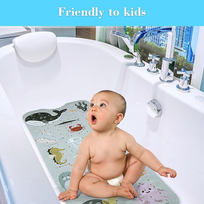 Bath Mat for Tub Non Slip, Machine Washable Anti-Slip Cartoon Baby Bathtub Shower Mat with Drain Holes and Suction Cups for Toddler & Kids, 40 Inch x 16 Inch, Greige Sea Animals - Image 2