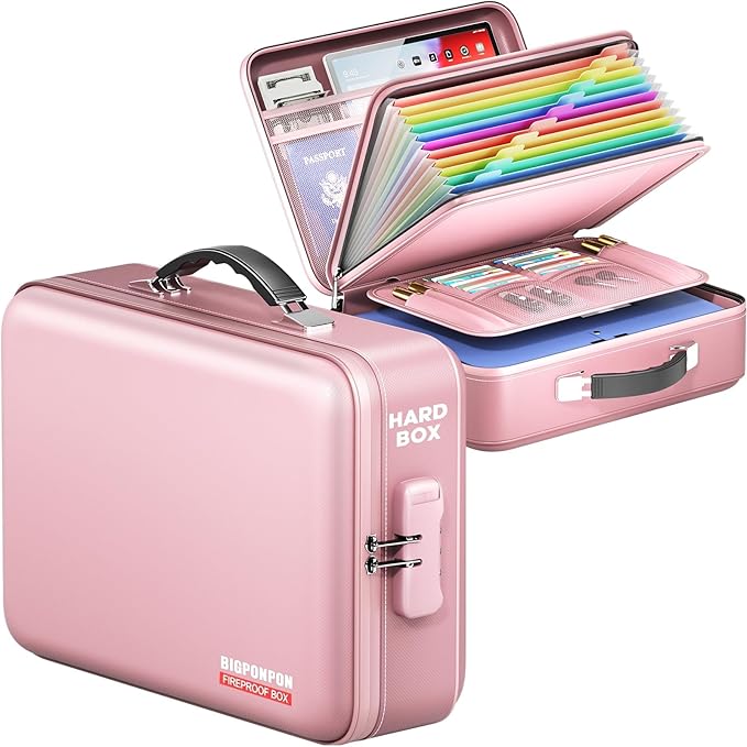 Fireproof Document Box, Hard Case Highly Flame-Resistant Fire Proof Waterproof File Organizer with Lock, Portable Fire Safe for Important Documents & Valuables Storage (Pink, ‎14"*11"*5") by BigPonPon
