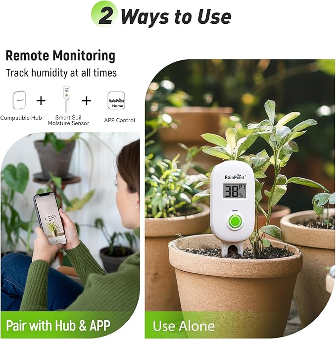 RAINPOINT Smart Digital Wireless Plant Moisture Meter Houseplant Indoor,WiFi Hub Needed,Capacitive Probe,Leave-in Soil Hygrometer Sensor,Real-time Monitor Outdoor Greenhouse Gardening(Two-Pack Set) - Image 5