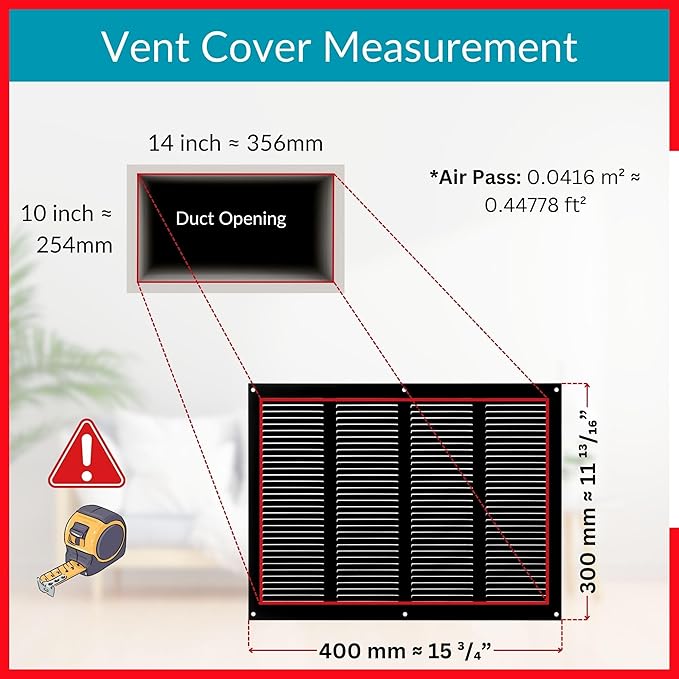 14x8 Vent Cover (duct opening) - Black HVAC Return Air Grille for Wall and Ceiling - Metal AC Vent Cover with Mesh - Rectangular Ventilation Register - External Dimensions: 15.75" W x 11.81" H - Image 4