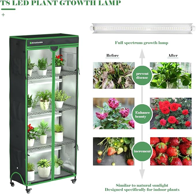 Indoor Greenhouse with Grow Light, 35.8" W x 17.8" D x 71.8" H, 5-Tier Plant Shelf with 3-Color T8 Growth Lights, Plant Stand with Smart Timing Plug and thermohygrometer - Image 4