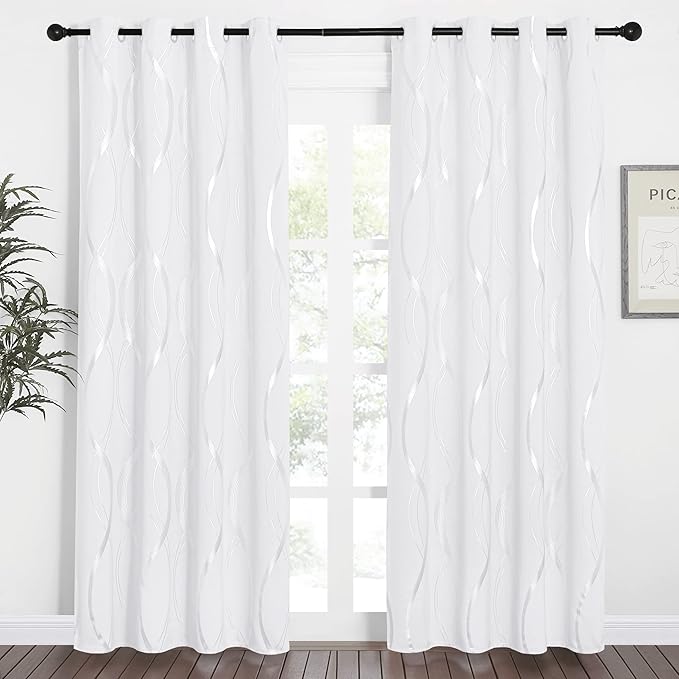 NICETOWN White Curtains Panels for Bedroom 2 Panles Set, 52 inch x 84 inch, Wave Line Foil Print Design Curtains for Patio Sliding Door - Image 2