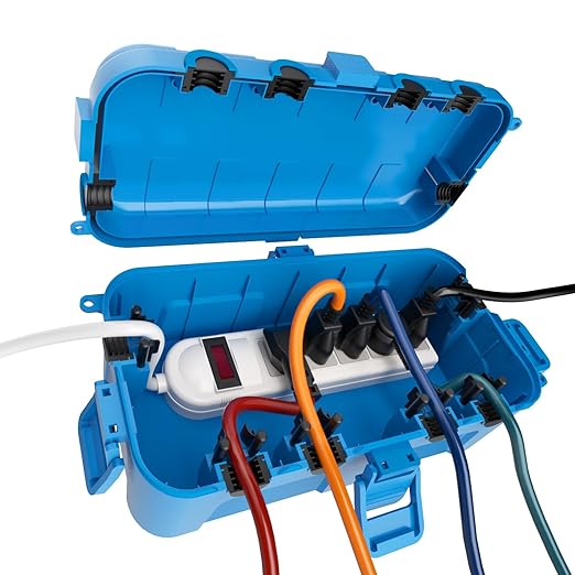 Flemoon Medium Outdoor Electrical Box (11.5x5.2x4 inch), IP54 Waterproof Extension Cord Cover w/6 Cable Entry Ports, Weatherproof Connection Box for Power Strip, Timer, Plug, Holiday Lights, Blue by FLEMOON