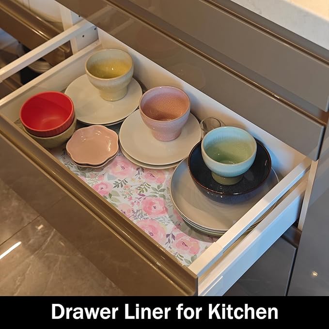 Peach Peony Shelf and Drawer Liner 12IN x 20FT,Non-Adhesive and Strong Non-Slip Floral Cabinet Drawer Liners for Kitchen Shelf, Waterproof Cupboard Liners,Easy to Clean - Image 4