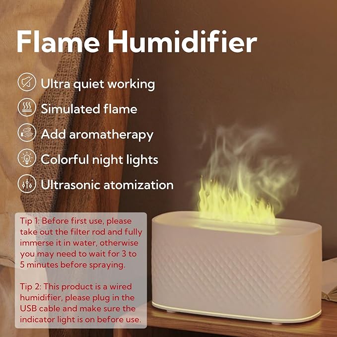 Portable Small Humidifier Dual Nozzle - Large Cool Mist Humidifiers Double Spray Ports, Water Shortage Protection, Ultra-Quiet, Mini Humidifier for Bedroom Plants Office Car Travel (Flame Wood) - Image 2