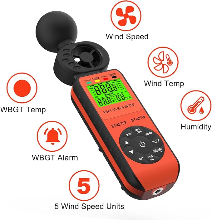 BTMETER BT-881W Heat Stress Meter Anemometer, Digital Indoor/Outdoor WBGT (Wet Bulb Globe Temperature) Meter with Wind Speed, Ambient Temp, Humidity Tester - Image 2