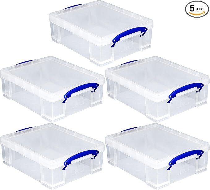 Really Useful Box Stackable 8.1 Liter Plastic Storage Container Bin with Snap Lid & Built-In Clip Lock Handles for Home & Office Organization (5 Pack) by ReallyUsefulBox