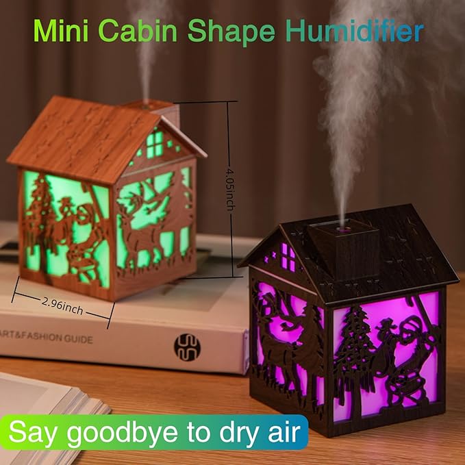 Colorful Cool Mini Humidifier, Cabin styling with Christmas theme，USB Personal Desktop Humidifier 2 Mist Modes, 7 colors,Super Quiet Perfect for Baby Bedroom, Office (Lightwood) - Image 4