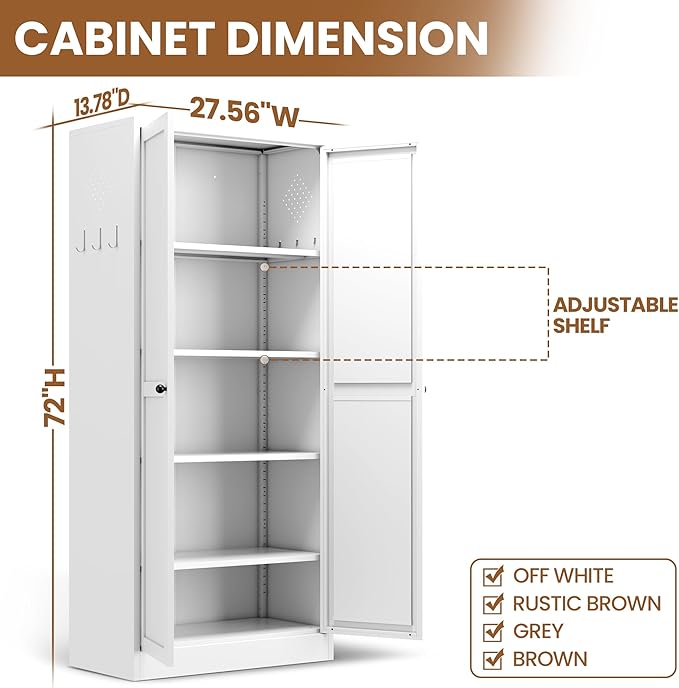 72" Tall Metal Pantry Cabinet with 2 Doors and 5 Adjustable Shelves, Freestanding Kitchen Storage Cabinet, Large White Cupboard Organizer for Kitchen Dining Room Living Room Bathroom,Assembly Required - Image 2