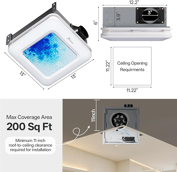 Bathroom Exhaust Fan with Light Humidity Sensor, Bathroom Fan with Odor & Humidity Sensor, 230 CFM 1.0 Sone Venlitation Fan with 3CCT LED Light 7 LED Color, Remote Control Easy Install - Image 4