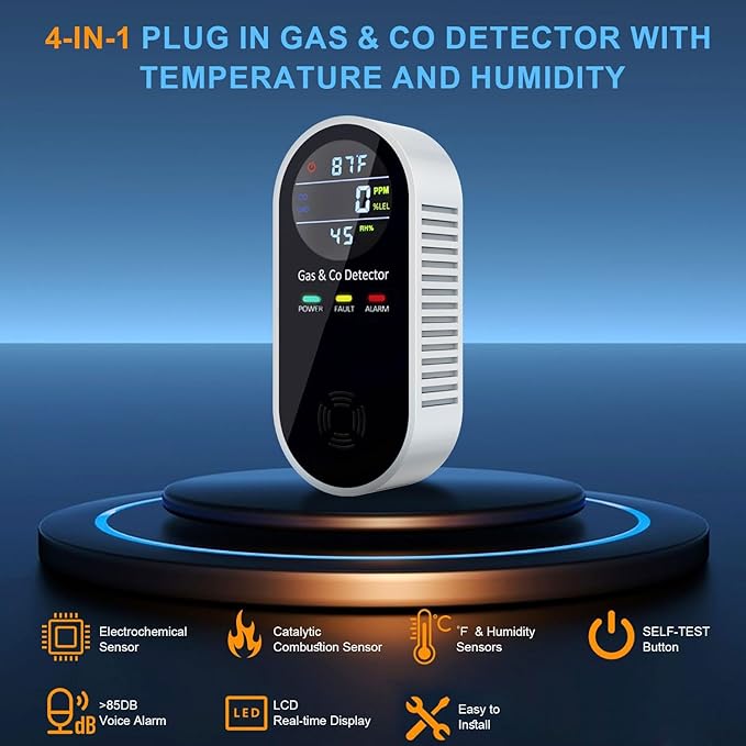Plug in Combination Gas & Carbon Monoxide Detectors with Temperature and Humidity Display- Natural Gas Detectors & Carbon Monoxide Alarm for Home, Kitchen (2 Packs) - Image 3