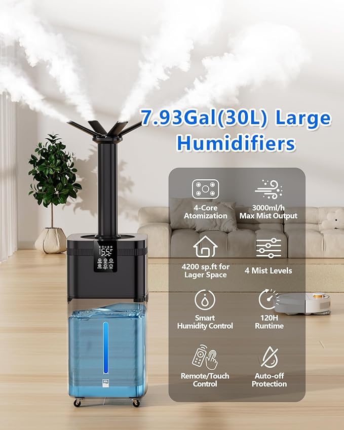 30L/7.93Gal Commercial Humidifier Large Room 4200 sq.ft, Whole House Humidifiers 3000ml/H Mist Output, Cool Mist Industrial Humidifiers for Home, Plants, Office, Warehouse, Greenhouse, Black - Image 3