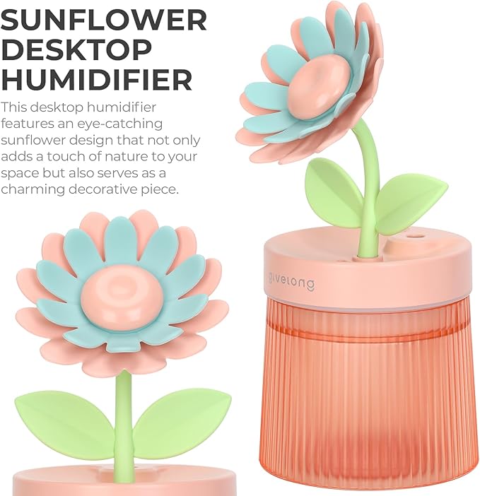 Sunflower Small Humidifier for Plant, Cool Mist Mini Humidifiers for Bedroom, Desk Personal Humidifiers with Diffuser for Indoor Office Car, Portable Humidifier for Travel - Pink 260ml - Image 2