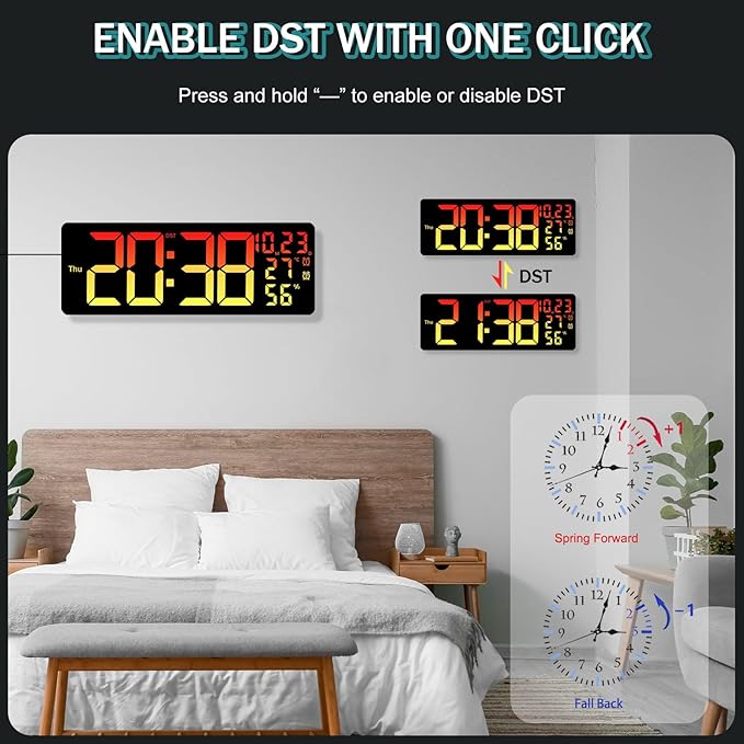 JoFomp 17.3" Large Digital Wall Clock, LED Digital Clock Large Display with Remote Control, Alarm Clock with Temp/DST/Dimmer/Humidity/Timer/Ambient Light - 12/24H, Alarm Wall Clock for Bedroom - Image 7