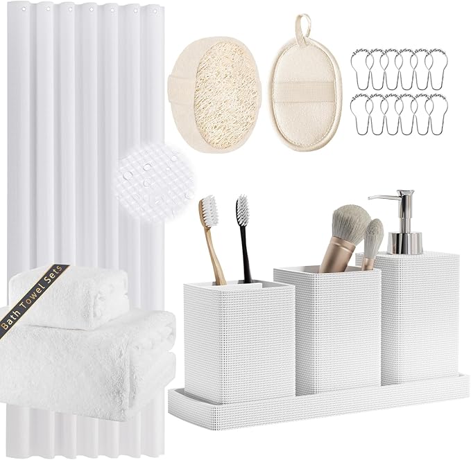 Resin White Bathroom Set, White Bathroom Accessories Set with Shower Curtain, Bath Towel Set, Natural Loofah Sponge, Soap Dispenser, Toothbrush Holder, Bathroom Tumbler and Tray for Bathroom by LetUsMakeHomeYourFavoriteDestination