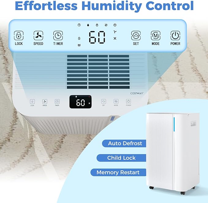 COSTWAY 54 Pints Dehumidifier for Basement, 4500 Sq.Ft Portable Dehumidifier with Drain Hose, 1.1 Gal Water Tank, 3 Modes, 24 H Timer, 3-Color Light, Auto Defrost, Memory, Child Lock - Image 3