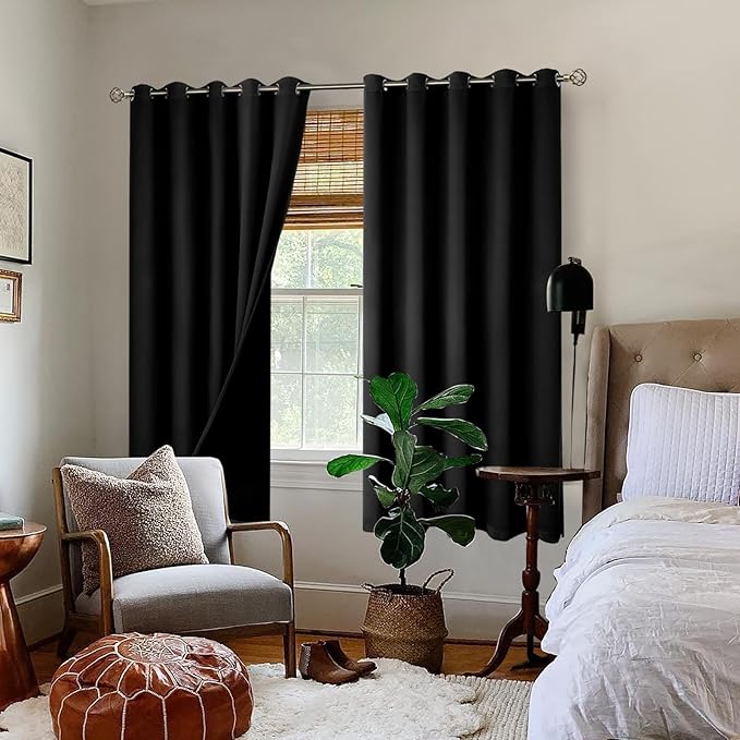 BGment Thermal Insulated 100% Blackout Curtains for Bedroom with Black Liner, Double Layer Full Room Darkening Noise Reducing Grommet Curtain (60 x 63 Inch, Black, 2 Panels) - Image 2