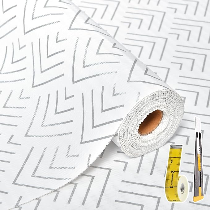 Shelf Liner for Kitchen Cabinets Non Adhesive Drawer Liner Non-Slip Thickened Shelf Liner Paper Strong Easy to Clean for Tool Box Refrigerator with Knife and Tape Measure,Silver Arrow,11.8 x 354.3 in by Oneoftheworld