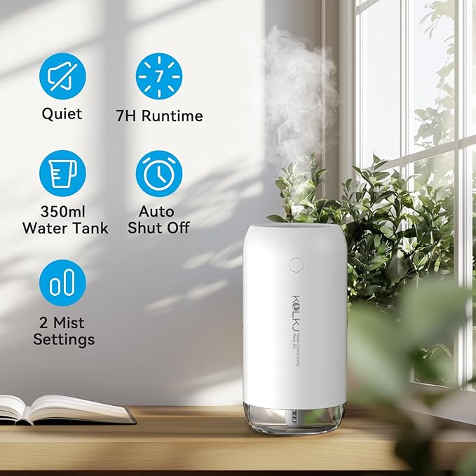 Portable Mini Humidifier, KQLKJ 350ml Small Cool Mist Humidifiers, USB Personal Desktop Humidifier for Bedroom Car Office Travel with Auto Shut-Off & 2 Mist Modes (White) - Image 2