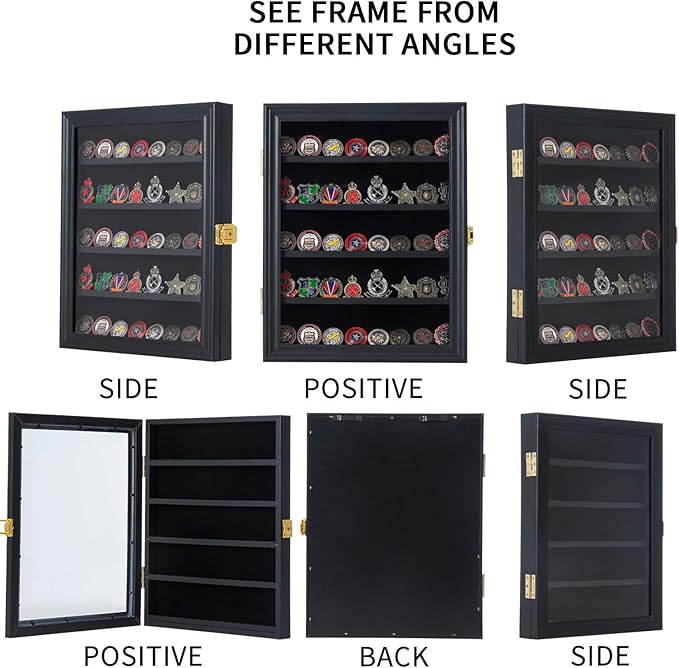 Jinchuan Military Challenge Coin Display Case Lockable Cabinet Rack Holder Shadow Box with Removable 2 Grooves Shelves and Anti Dust Door for Casino Poker Chips Collectibles, Small - Black - Image 5
