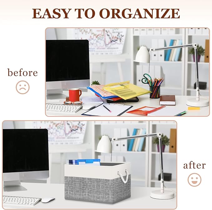 Storage Bin,Collapsible Storage Basket For Organizing,Large Storage Boxes With Rope Handles,Storage Containers,White & Grey,6 Pack - Image 5