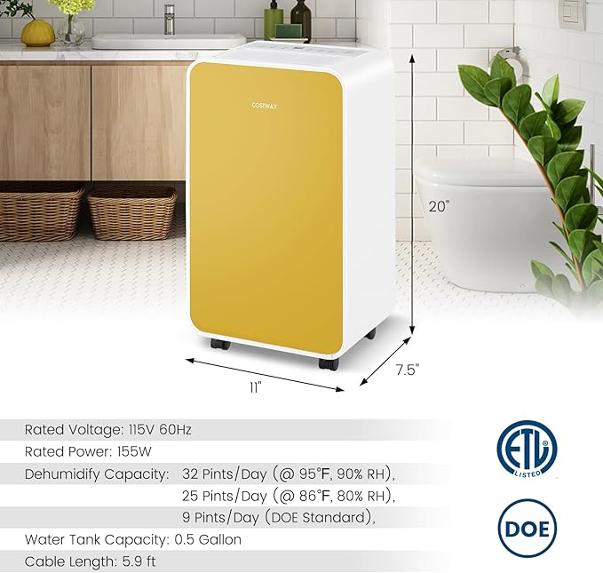COSTWAY 2500 Sq. Ft Dehumidifier for Basement, 32 Pints Portable Quiet Dehumidifier for Bedroom Bathroom with Sleep Mode, 24H Timer, Auto Shut Off, Auto Defrost & Drain Hose (Yellow) - Image 6