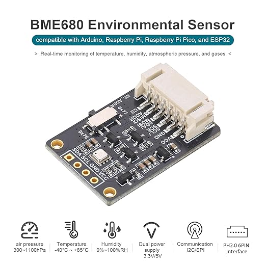 BME680 Environmental Sensor | 4-in-1 Temp Humidity Pressure Gas Detector | I2C/SPI Interface | Compatible with Arduino/Raspberry Pi/ESP32/Pico - Image 2