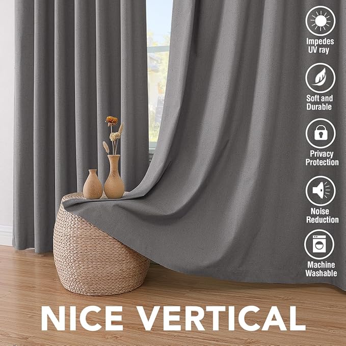 H.VERSAILTEX Linen Blackout Curtains 72 Inches Long 100% Absolutely Blackout Thermal Insulated Textured Linen Look Curtain Draperies Anti-Rust Grommet, Energy Saving with White Liner, 2 Panels, Grey - Image 7