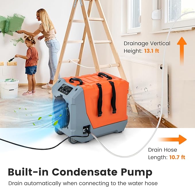 COSTWAY 180 PPD Crawl Space Dehumidifier with Pump, Drain Hose, Auto Defrost, 6,000 Sq. Ft Commercial Dehumidifier for Basement, Warehouse, Job Site, Water Damage Restoration, Orange - Image 5
