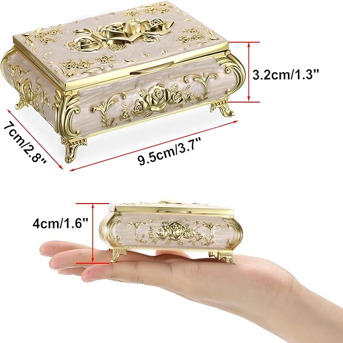 Hipiwe Vintage Jewelry Box Metal Trinket Chest Treasure Display Case for Rings Earrings Organizer Rectangular Decorative Keepsake Storage Box, Small - Image 3