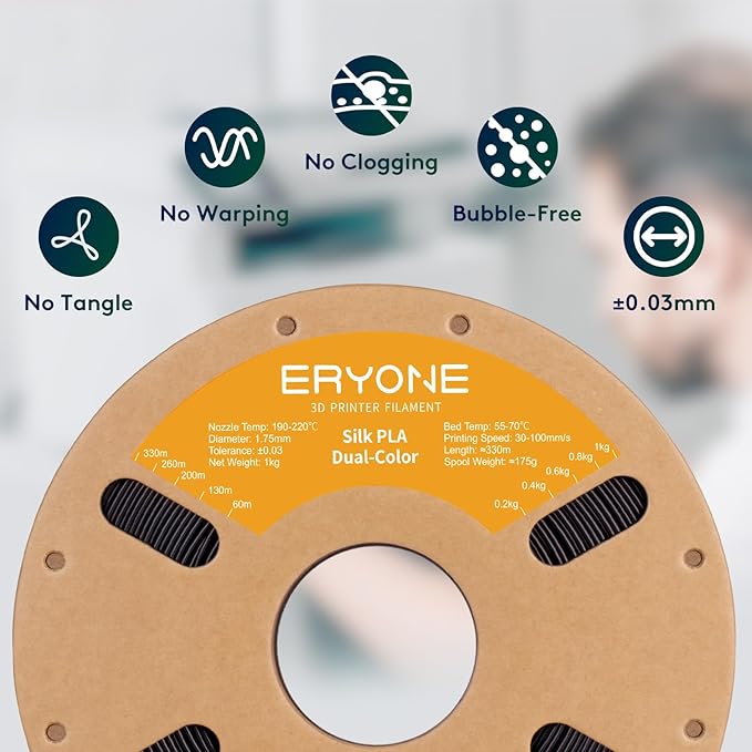 ERYONE Silk Dual Color PLA Filament 3D Printer 1.75mm +/- 0.03mm, Bicolor Filament Two Tone PLA 1KG(2.2lbs) Cardboard Spool, Black Purple - Image 4
