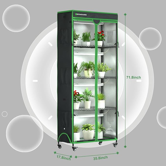 Indoor Greenhouse with Grow Light, 35.8" W x 17.8" D x 71.8" H, 5-Tier Plant Shelf with 3-Color T8 Growth Lights, Plant Stand with Smart Timing Plug and thermohygrometer - Image 3