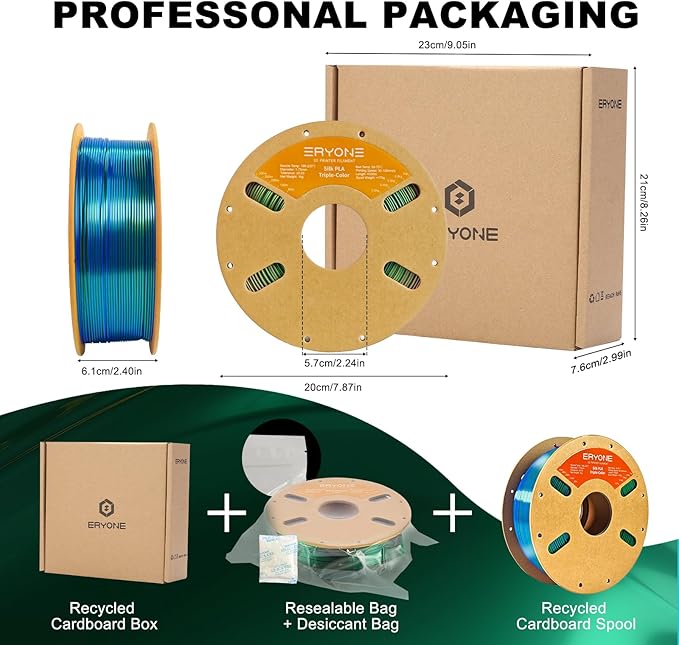 ERYONE Silk Tri Color PLA Filament 3D Printer 1.75mm +/- 0.03mm, Multicolor Filament Tricolor PLA 1KG(2.2lbs) Cardboard Spool, Red Blue Green - Image 6