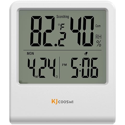 Indoor Thermometer, Room Thermometer and Hygrometer with Clock, Temperature and Humidity Meter with Clock, Double Comfort Indicator, Time, Date(White) by KJCOOSWI
