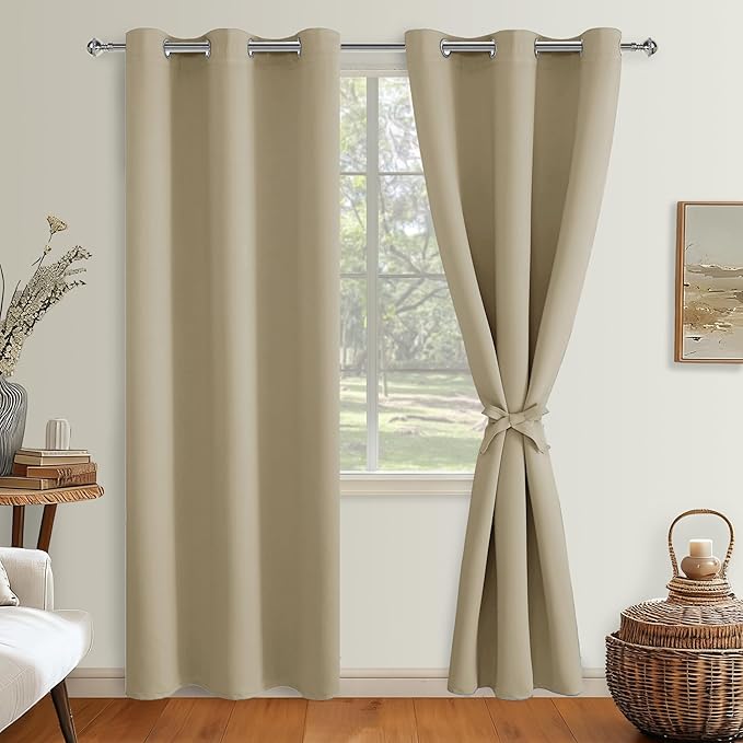 Hiasan Blackout Curtains for Bedroom, 38 x 84 Inches Long - Thermal Insulated & Light Blocking Window Curtains for Living Room, 2 Drape Panels Sewn with Tiebacks, Taupe - Image 2