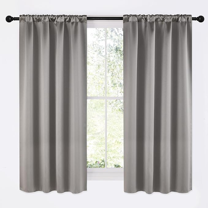 NICETOWN Room Darkening Cafe Satin Curtains for Small Windows, 42" Wide by 63" Long, 2 Panels, Chrome Gray, Rod Pocket Privacy Blackout Drapes for Play Room by NICETOWN