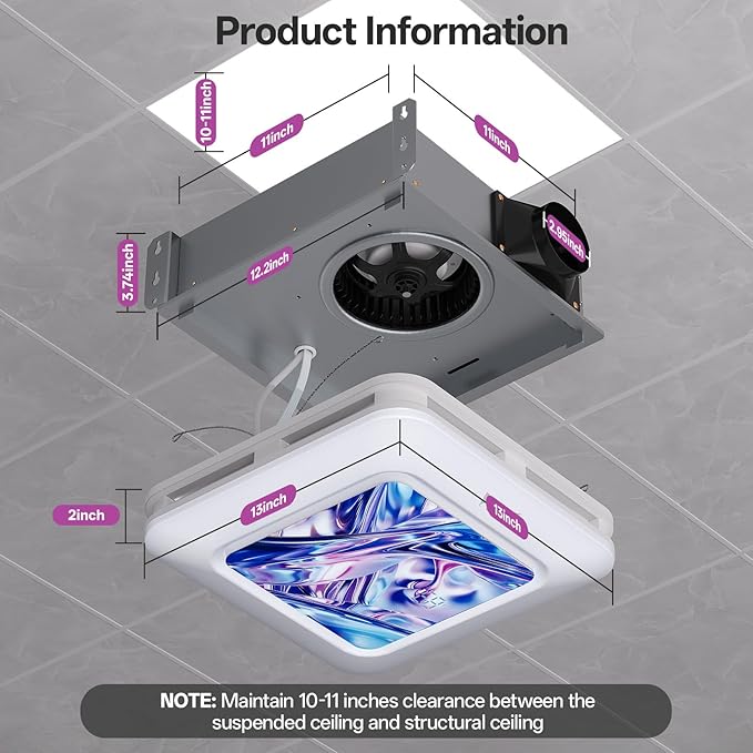 Bathroom Fan with Humidity Sensor,230 CFM 1.0 Sone Bathroom Exhaust Fan with Light,Ventilation and Exhaust Fan with Remote Control and Timer Function,Violet Blue - Image 4