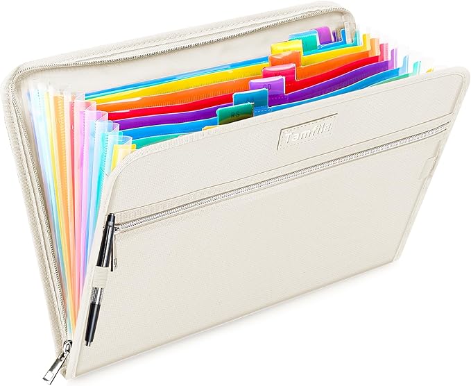 Fireproof Safe Waterproof Accordion File Bag Folder Expanding Filing Folder with 14 Multicolored Pockets, A4 Letter Size, Document Organizer Holder and Color Labels /2 Zipper (Beige 14.3" x 9.8") by Tamfile
