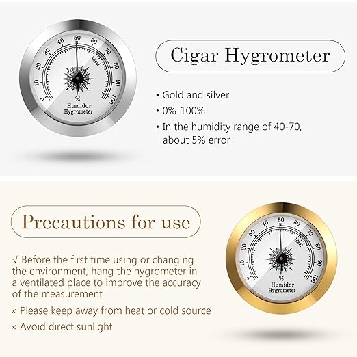 Frienda 2 Pcs Hydrometer 2 Inch Humidity Meter Cigar Humidor Hygrometers Round Cigar Hygrometer for Humidor Cabinet Cans(Silver, Gold) - Image 3