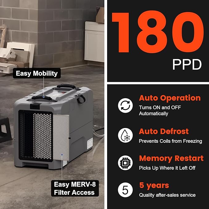 Abestorm LGR Commercial Dehumidifier, 180 PPD Crawl Space Dehumidifier with Pump, Drain Hose, Auto Defrosting Dehumidifiers for Crawl Space, Large Space, Basement, Industrial Use - Image 2