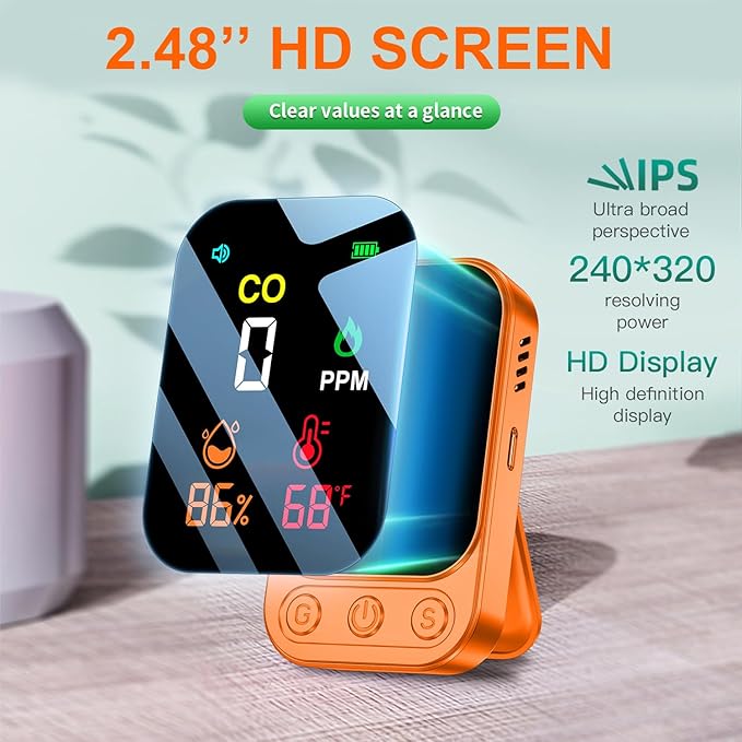 Travel Carbon Monoxide Detectors [3-in-1] Mini Size Portable CO Detector with Kickstand & Lanyard 85 dB Alarm [CO Temp Humidity Sensor] for Indoor Outdoor Camping Travel RV Hotel (New Orange) - Image 6