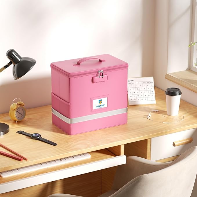 Fireproof File Box with Lock, Document Box Storage Organizer, Suitable for Hanging File Folders in Letter Size, Collapsible File Box, Reflective Strip for Fast Find (12.2"*6"*10.2, Pink) - Image 5