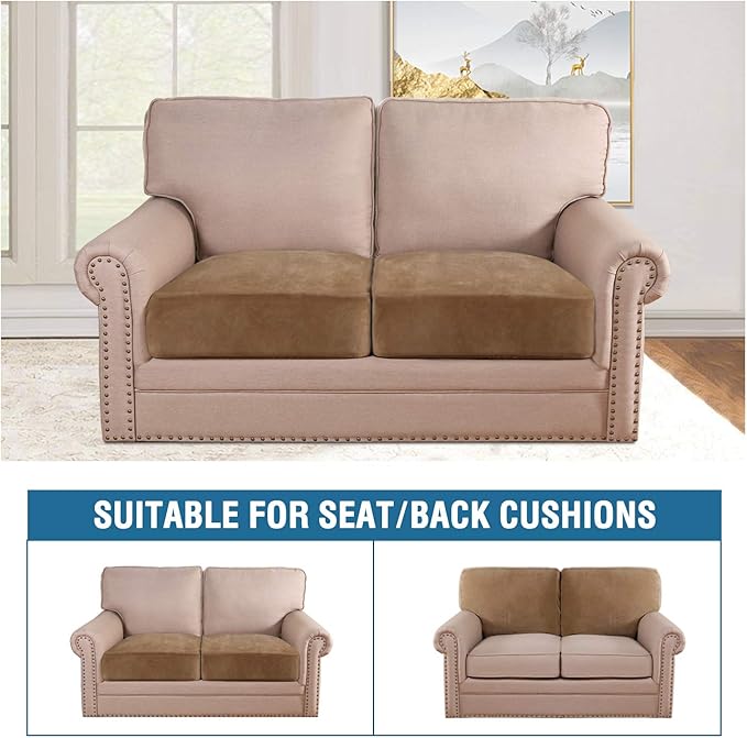 H.VERSAILTEX Velvet Stretch Couch Cushion Cover Plush Cushion Slipcover for Chair Loveseat Sofa Cushion Furniture Protector Seat Cushion Sofa Cover (2 Piece Large Sofa Cushion Covers, Camel) - Image 3