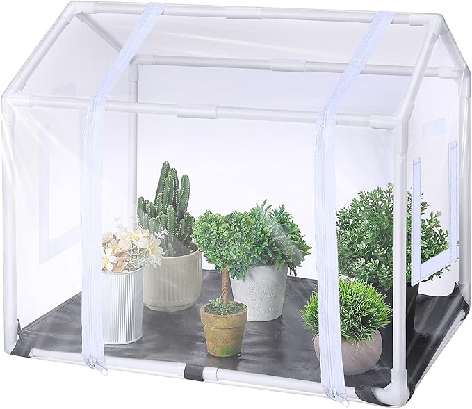 Mini Greenhouse with Potting Mat for Indoor Plant, Heavy Duty Portable Green House with Waterproof Pot Pad for Small Plants, Clear Small Plant Tent for Seed Humidity(White) by Meonum