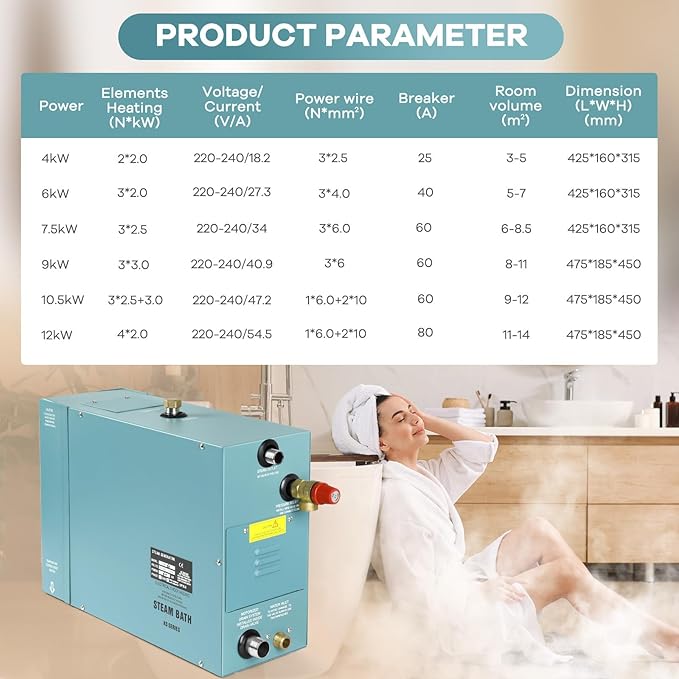 6KW Commercial Self-Draining Steam Generator Shower System Home Steam Bath Spa Generator 30 min to 12 Hours Auto Drain 95-131℉ for Suitable Space Heating 6 m³/212Cubic feet（6KW） - Image 5