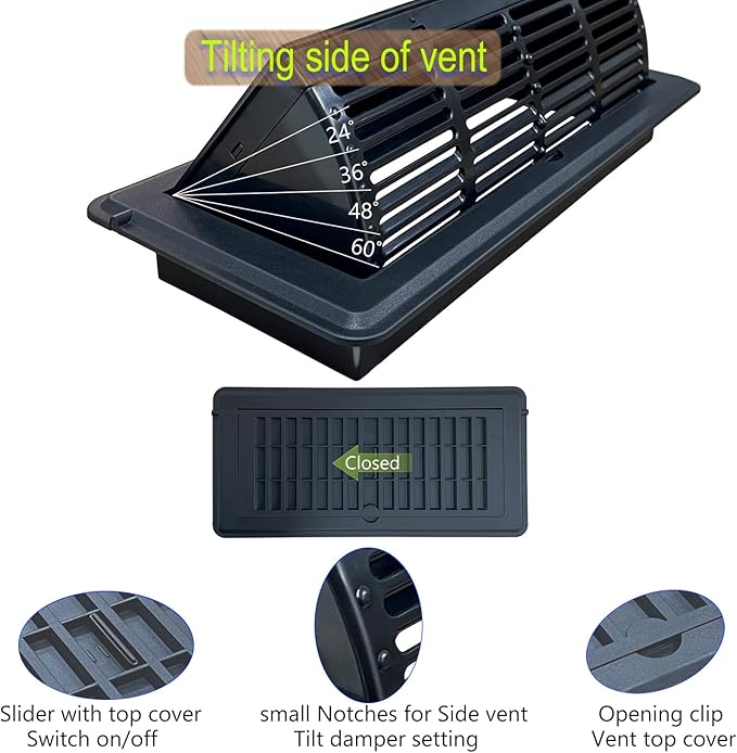 2-in-1 Vent Deflector for Home Floor, Strong Plastic, 4"x10“ Register Type of Deflector, POP up Damper Vent Directional Cover, Floor Air Vent Deflector Under Curtain, Couch or Bed (Black 4 Pack) - Image 4