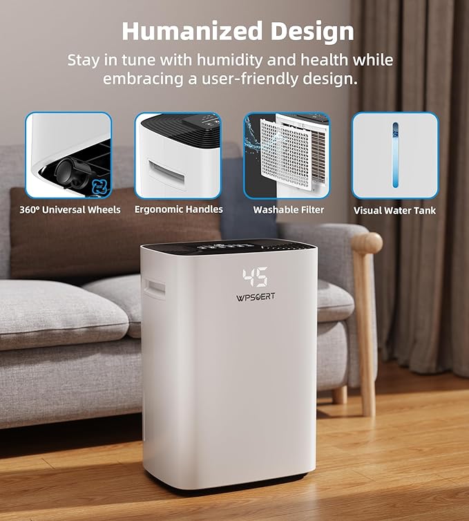 5500 Sq.Ft Dehumidifier for Basement, WPSOERT 80 Pints Dehumidifiers for Home with Drain Hose, 1.6 Gallon Water Tank, Smart Humidity Control, Auto Defrost, 24-Hour Timer, Child Lock - Image 6