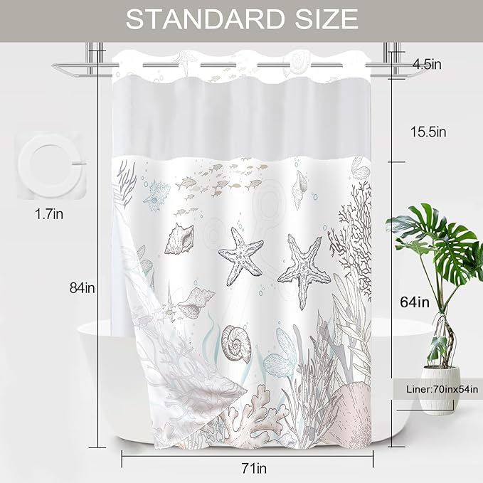 Extra Long No Hook Shower Curtain with Snap in Liner, Beach Ocean Nautical Coastal Shower Curtains and Liner Set for Bathroom, Seashell Fabric Bath Curtain, Waterproof Washable, Brown 71"x84" - Image 7